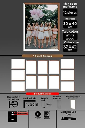 Bytwo 12 Pieces 30X40 Frame - Thin Slatted A3 Frame - 2 Colors White Wood - 6mm Photo Frame