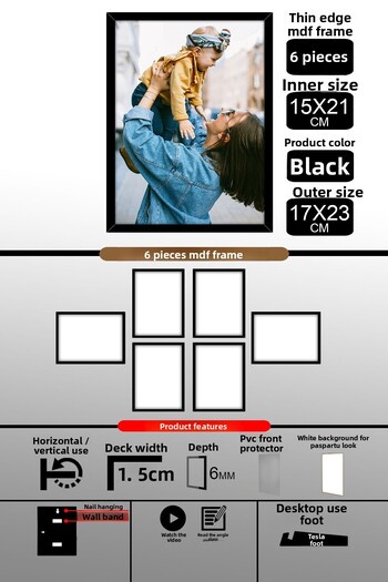bymat 6 Pieces 15X21 Frame - Thin Slatted A5 Frame - Black Frame - 6mm - Photo Frame