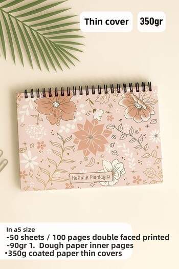 Eldesen Tasarım Weekly Planner A5 Notebook with Flexible Thin Cardboard Cover, 1 Year Planner, Golden Flower