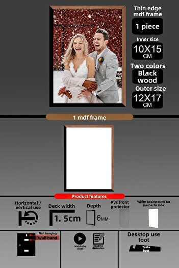 bymat 1Pcs 10X15 Frame - Thin Slatted Frame - 2 Colors Wood Black - 6mm Frame Photo Frame