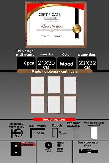 bymat 6 Pieces 21X30 Frame - Fine Slatted A4 Frame - Wooden Frame - Photo Certificate Frame