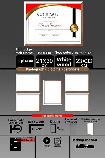 Bytwo 5 Pieces 21X30 Frame - Thin Slatted A4 Frame - 2 Colors White Wood - Photo Certificate Frame