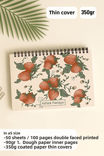 Eldesen Tasarım Weekly Planner A5 Notebook with Flexible Thin Cardboard Cover, 1 Year Planner, Strawberry