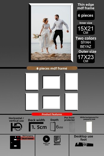 bymat 6Pcs 15X21 Frame - Fine Slatted A5 Frame - 2 Colors Black White - 6mm Photo Frame