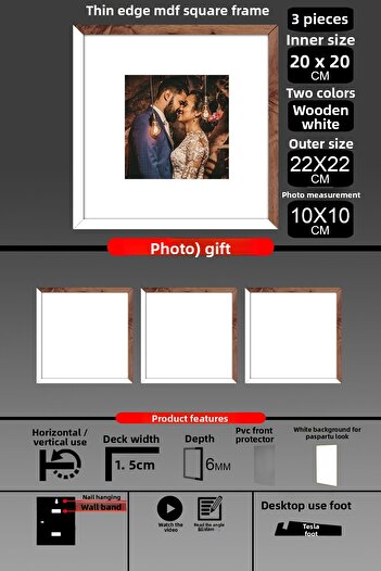 Bytwo 3 Pieces 20X20 Frame - Thin Slatted Frame - 2 Colors White Wood - Square Frame Photo Frame