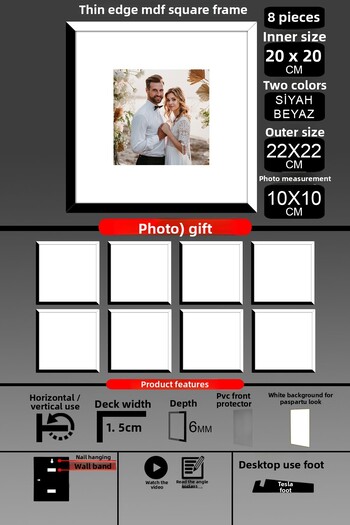 bymat 8Pcs 20X20 Frame - Thin Slatted Frame - 2 Colors Black White - Square Frame Photo Frame