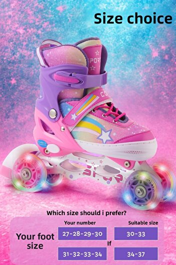 Sportaj Star Rainbow Lighted Girls' Skates Silicone Wheel Adjustable Skates with Carry Bag Pink Lilac