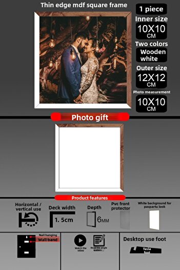 bymat 1Pcs 10X10 Frame - Fine Slatted Frame - 2 Colors White Wood- Square Frame Photo Frame