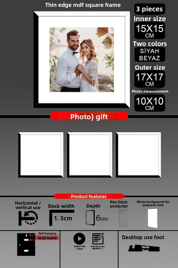 Bytwo 3Pcs 15X15 Frame - Thin Slatted Frame - 2 Colors Black White - Square Frame Photo Frame