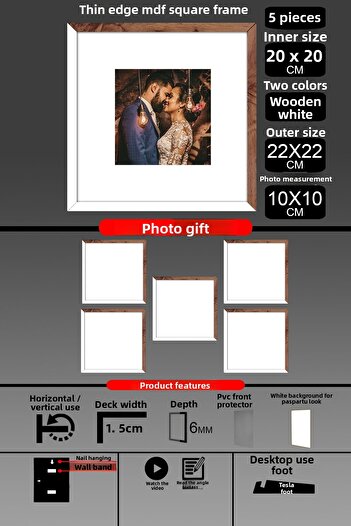 bymat 5 Pieces 20X20 Frame - Thin Slatted Frame - 2 Colors White Wood - Square Frame Photo Frame