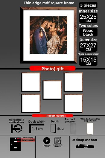 bymat 5Pcs 25X25 Frame - Thin Slatted Frame - 2 Colors Wood Black - Square Frame Photo Frame