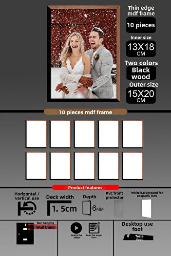 bymat 10Pcs 13X18 Frame - Thin Slatted Frame - 2 Colors Wood Black - 6mm Frame Photo Frame