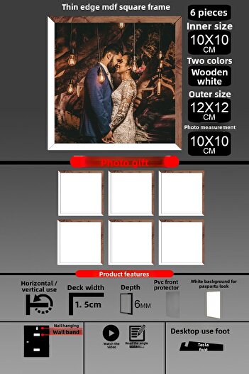 Bytwo 6Pcs 10X10 Frame - Fine Slatted Frame - 2 Colors White Wood- Square Frame Photo Frame