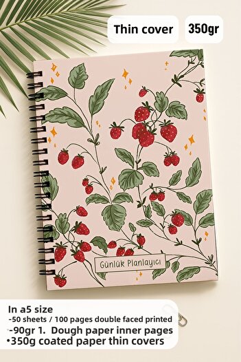 Eldesen Tasarım Daily Planner A5 Notebook, Notes, to Do, Flexible Cardboard Cover, 100 Days, Pink Strawberry