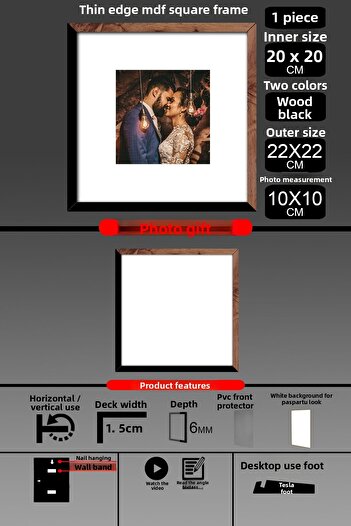 bymat 1Pcs 20X20 Frame - Thin Slatted Frame - 2 Colors Wood Black - Square Frame Photo Frame