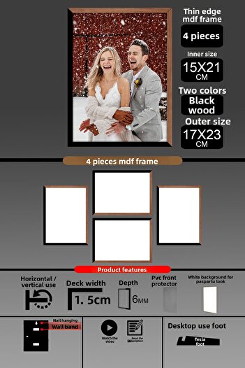 Bytwo 4 Pieces 15X21 Frame - Thin Slatted A5 Frame - 2 Colors Wood Black - 6mm Photo Frame
