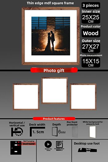 Bytwo 3 Pieces 25X25 Frame - Thin Slatted Frame - Wooden Frame - Square Frame - Photo Frame