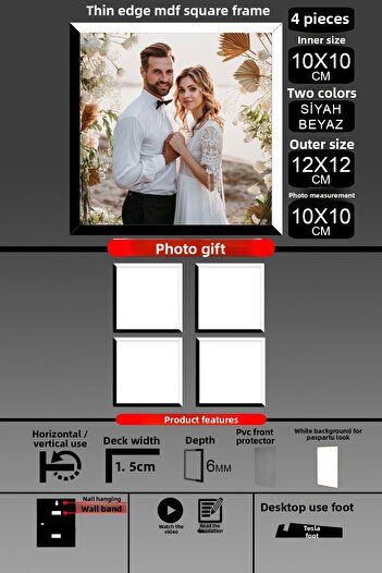 Bytwo 4Pcs 10X10 Frame - Fine Slatted Frame - 2 Colors Black White - Square Frame Photo Frame