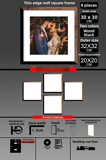 Bytwo 4 Pieces 30X30 Frame - Thin Slatted Frame - 2 Colors Wood Black - Square Frame Photo Frame