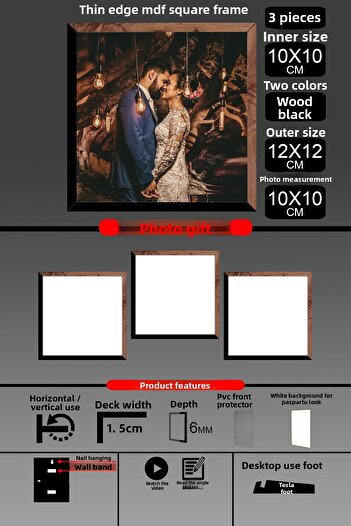 Bytwo 3Pcs 10X10 Frame - Fine Slatted Frame - 2 Colors Wood Black - Square Frame Photo Frame