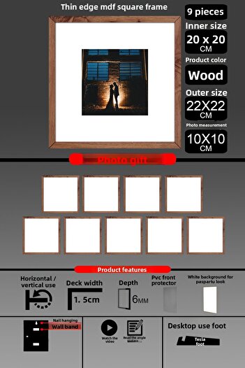 yhfoto 9 Pieces 20X20 Frame - Thin Slatted Frame - Wooden Frame - Square Frame - Photo Frame