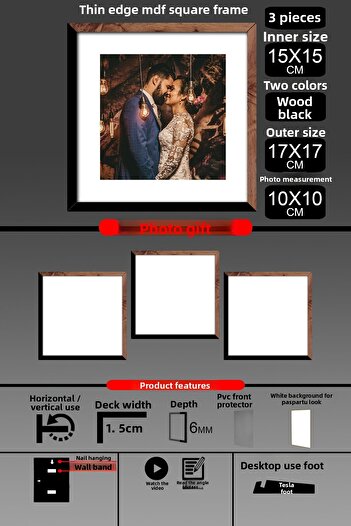 bymat 3Pcs 15X15 Frame - Thin Slatted Frame - 2 Colors Wood Black - Square Frame Photo Frame