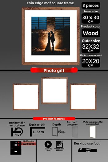bymat 3 Pieces 30X30 Frame - Thin Slatted Frame - Wooden Frame - Square Frame - Photo Frame