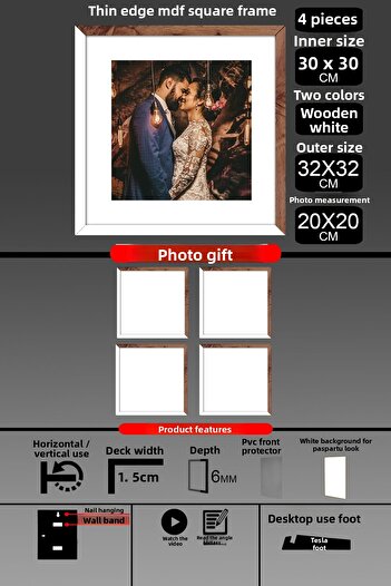 bymat 4 Pieces 30X30 Frame - Thin Slatted Frame - 2 Colors White Wood - Square Frame Photo Frame