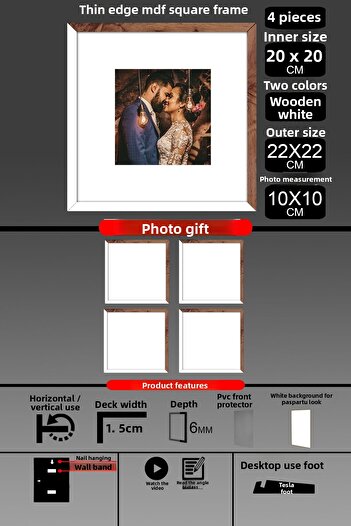 yhfoto 4 Pieces 20X20 Frame - Thin Slatted Frame - 2 Colors White Wood - Square Frame Photo Frame