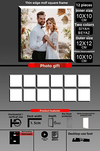 bymat 12Pcs 10X10 Frame - Fine Slatted Frame - 2 Colors Black White - Square Frame Photo Frame