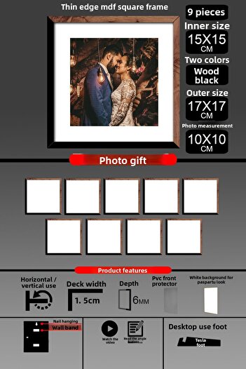 Bytwo 9Pcs 15X15 Frame - Thin Slatted Frame - 2 Colors Wood Black - Square Frame Photo Frame