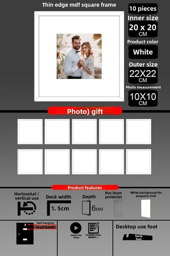 bymat 10 Pieces 20X20 Frame - Thin Slatted Frame - White Frame - Square Frame - Photo Frame