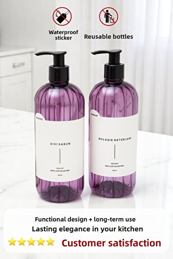 homence Set of 2 Dishwashing Liquid and Liquid Soap Plastic Bottle with Label Kitchen Set Purple Soap Dispenser 500 ml