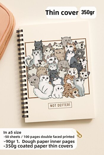 Eldesen Tasarım A5 Spiral Unlined School Notebook, 50 Sheets 100 Pages, Cardboard Cover Notepad, with Cat