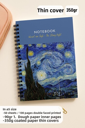 Eldesen Tasarım Van Gogh A5 Spiral Dotted School Notebook, 50 Sheets 100 Pages, Cardboard Cover Notepad, Night