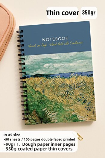 Eldesen Tasarım Van Gogh A5 Spiral Dotted School Notebook, 50 Sheets 100 Pages, Cardboard Cover Notepad, Flowers