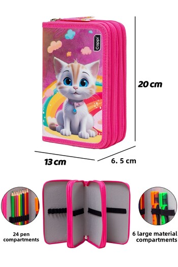 MUCCO Pink Cat Patterned Pvc Three Compartment Girl's Organizer Pen Holder Pencil Case -Cp7002