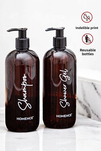 homence 2-Piece Shampoo Shower Gel Printed Plastic Bottle Bathroom Set Amber Soap Dispenser 500 ml