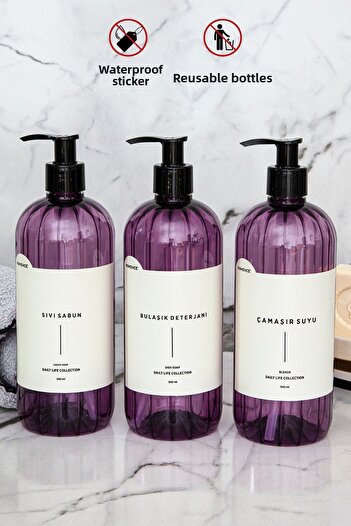 homence 3-Piece Liquid Soap Dishwashing Liquid Laundry Liquid Label Plastic Bottle Kitchen Set Purple Soap Dispenser 500ml