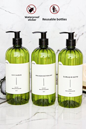 homence 3 Pack Liquid Soap Dishwashing Liquid Laundry Detergent Plastic Green Bottle with Label 500ml