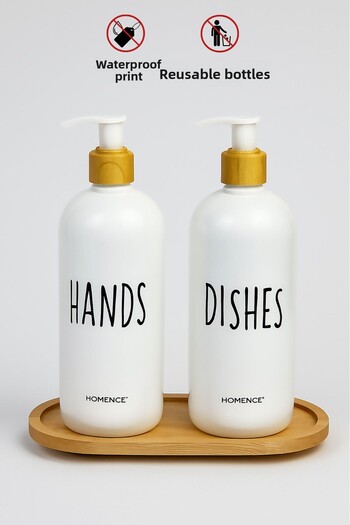 homence 2 Pack Liquid Soap Dishwashing Liquid Printed with Bamboo Stand, Plastic Bottle with Pump, White Bamboo 500ml