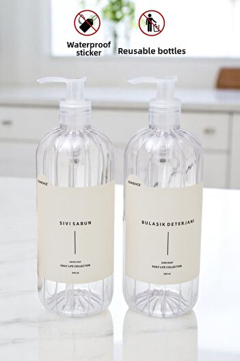 homence 2-Piece Dishwashing Liquid and Liquid Soap Label Plastic Bottle Kitchen Set Transparent Soap Dispenser 500 ml