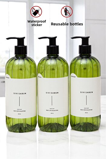 homence Set of 3 Liquid Soap Plastic Bottles with Labels Green Soap Dispenser 500 ml