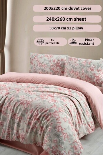 MODALİN Double Cotton Duvet Cover Set 4 Pieces Pink-Gray 200X220 - Fadeless Acem Flower Pattern Lily