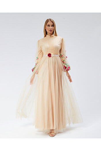 Asees Balloon Sleeve Tulle Flower Detail Embroidered Hijab Evening Dress