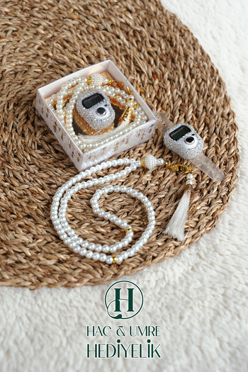 Hac Umre Hediyelik Stone Zikirmatik and Pearl Prayer Beads Set |   Mevlüd Hajj Umrah Invitation Organization Gift |   10 Piece Set