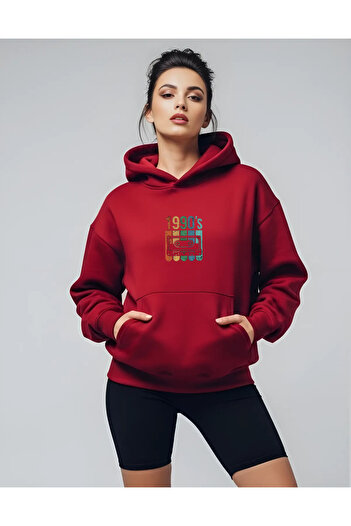 Bheka Concept 1990's Design Printed Burgundy Oversize Unisex Hooded Sweatshirt Hoodie