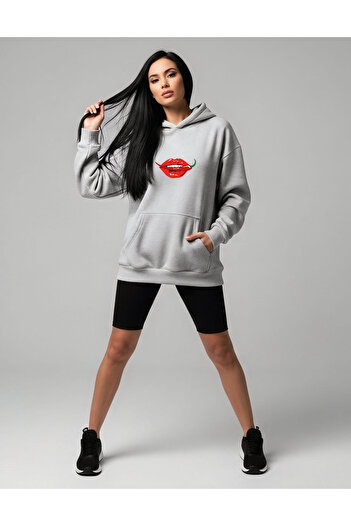 Bheka Concept Hot Pepper and Lip Design Printed Melange Oversize Women's Hooded Sweatshirt Hoodie