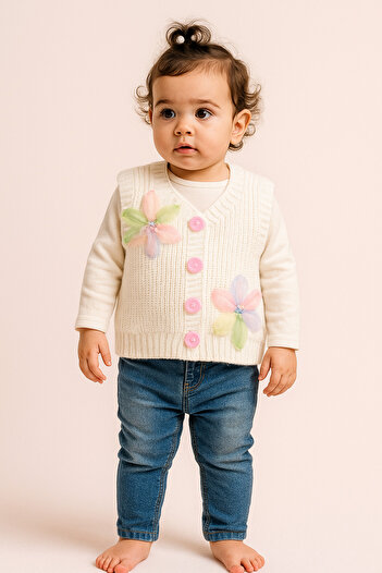 Nimini Kids New Season Flower Detailed Buttoned Knitwear Thessaloniki Knitted Baby Girl Children's Vest (0-8 Years)