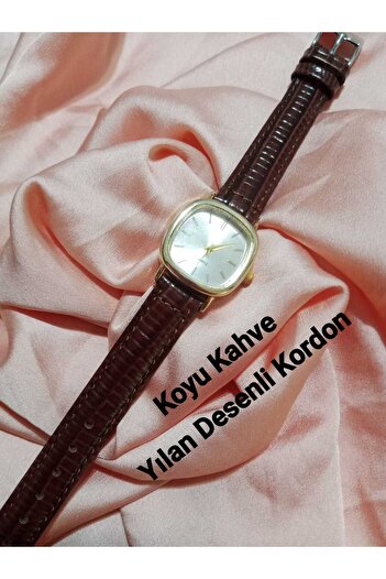 QUARTZ Vintage Women Wristwatch Retro Minimal Model Dark Coffee Snake Pattern Cord Bb0021